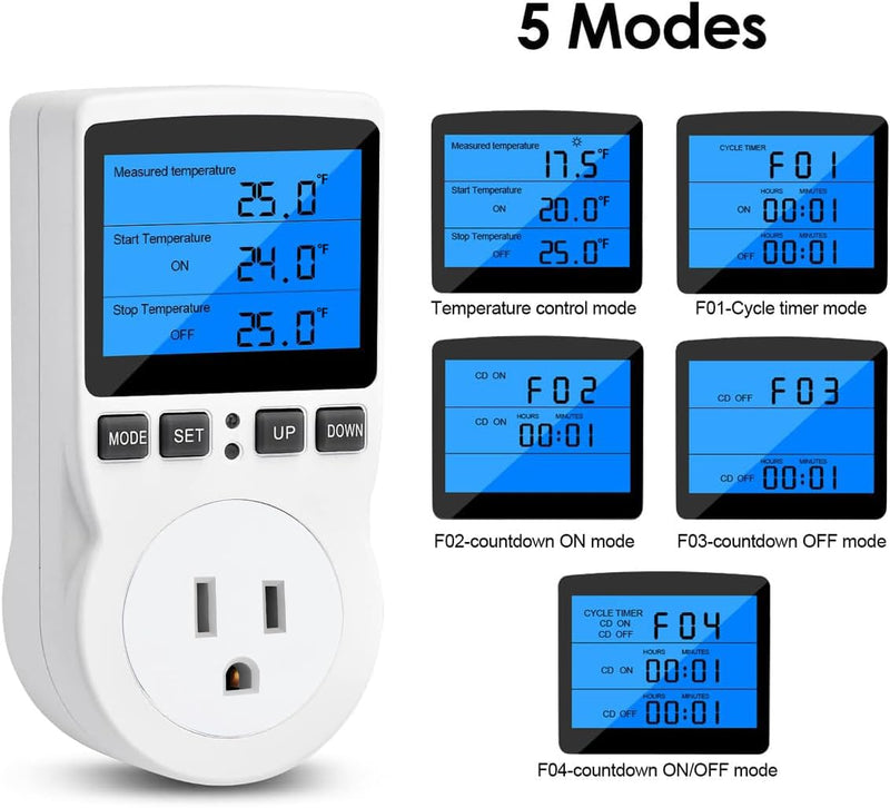 [Australia - AusPower] - Diymore Plug in Thermostat Temperature Controller Electric Digital Thermostat Heating Cooling Control Mode Timer White 2900W 250V 15A Digital Temperature Controller Thermostat Timer Backlit Display 