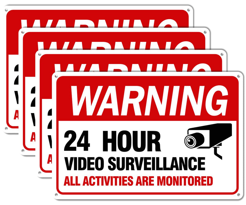 Video Surveillance Sign, 4-Pack 12"x 8" Security Camera Signs, Reflective and Waterproof Material 24 Hour Surveillance Sign For Home/Business sing-02-Red 4 Packs