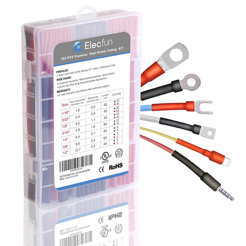 [Australia - AusPower] - ELECFUN Waterproof Heat Shrink Tubing Kit 365 pcs, 3:1 Dual Wall Tube - Adhesive Lined Heatshrink for Wires - Marine Grade and Industrial Shrinkable Wiring Wrap Fully Insulation Black/Red, 7 Sizes 3:1 Ratio Tube Adhesive Lined 365PCS-black/red 