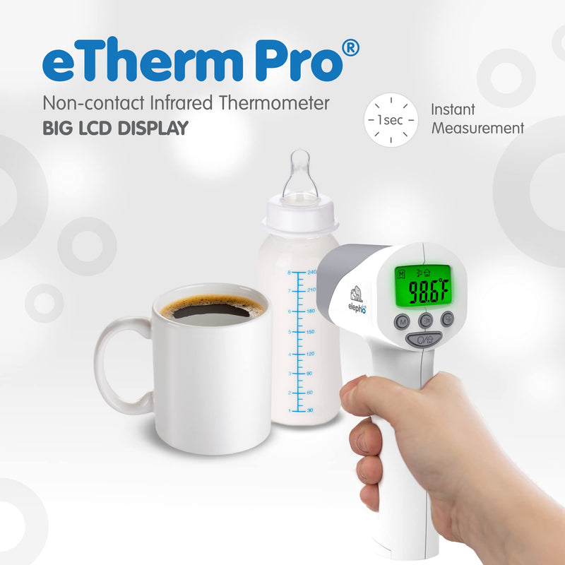 [Australia - AusPower] - Elepho eTherm Pro Medical Quality Non-Contact IR Forehead Thermometer for Family or Office Use. Instant Body, Object, or Liquid Readings. Large LCD Display. 32 Memory Readings 
