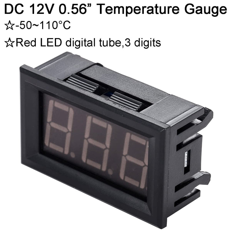 Greluma Pack of 2 0.56 Inch LED Display Digital Thermometer, DC 12 V -50 ~ 110 °C Temperature Display with Waterproof NTC Probe, Red LED Temperature Display