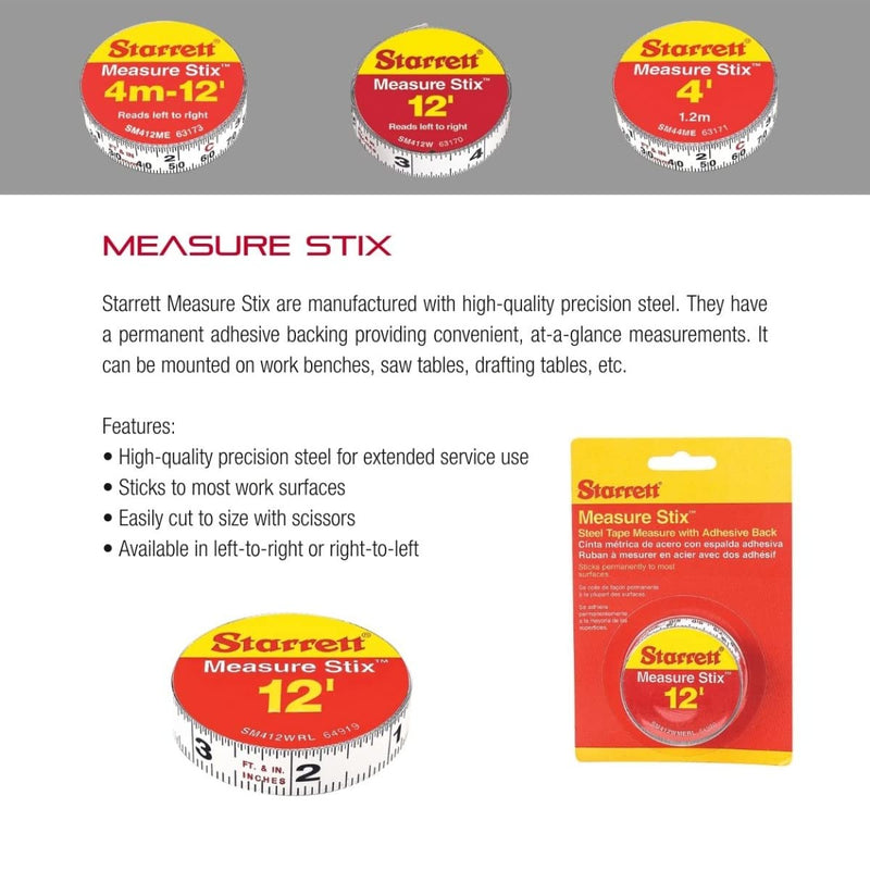 [Australia - AusPower] - Starrett Tape Measure Stix with Adhesive Backing - Mount to Work Bench, Saw Table, Drafting Table - 1/2" x 12', English Metric, Left-Right Reading - SM412ME (Pack of 2) 3.7 m (Pack of 2) 