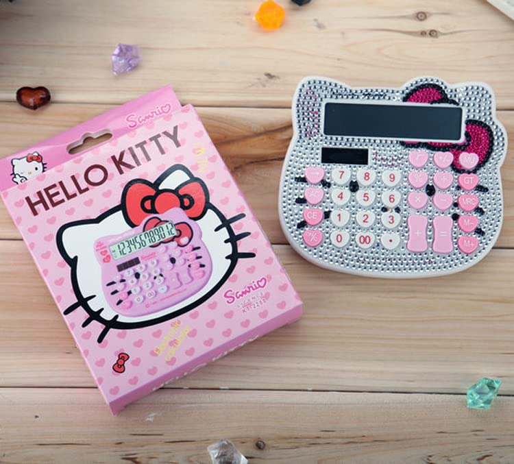 [Australia - AusPower] - Hello Kitty Calculator, Xinyu Lighting Creative and Cute Solar Calculator, 12-Digit LCD Display, Suitable for Adults and Children, Solar and Battery Powered (White Jewel Model) White Jewel Model 
