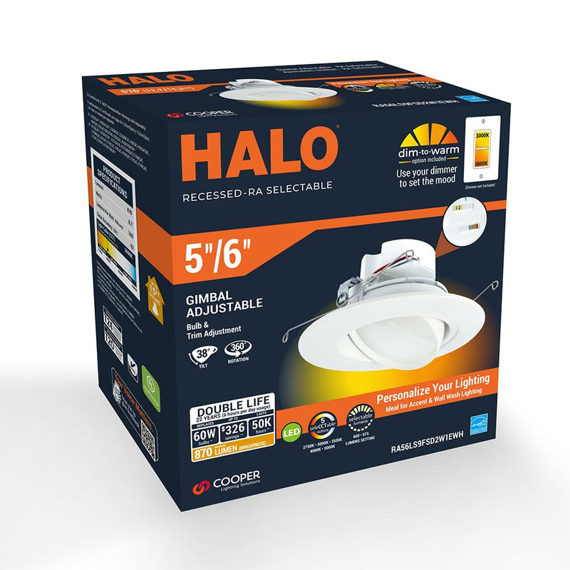 [Australia - AusPower] - HALO RA 5/6 inch Integrated LED Recessed Adjustable Gimbal Light Trim, 600 Lumens/1000 Lumens, 5 Selectable CCT(2700K, 3000K, 3500K, 4000K, 5000K) with Dim to Warm, 120-Volt, White 5 CCT with Dim to Warm 