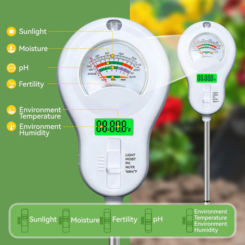 6-in-1 Soil Moisture Meter, pH Tester, Soil Moisture, Fertility, Sunlight, Temperature, Humidity, with Detachable Probe, for Agriculture, Gardening, and Outdoor Plants (Include 3* Detachable Probes) 6-in-1 Soil Moisture Meter