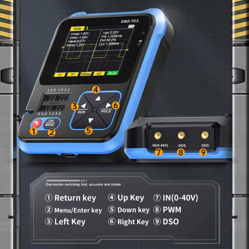 DollaTek DSO TC3 Digital Oscilloscope, 3-in-1 Handheld Oscilloscope, Transistor Tester, LCR Table USB Resistance Tests, Capacity and with 2.4 Inch HD Color Screen, PWM Rectangular Output Signal Generator
