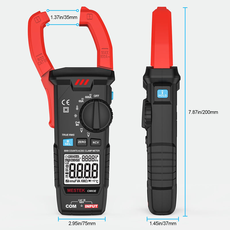 [Australia - AusPower] - MESTEK Digital Clamp Meter Multimeter Tester TRMS 6000 Counts Amp Volt Meter, Auto-Ranging Voltmeter Measures AC/DC Current, Voltage, Temperature, Capacitance, Resistance, Continuity, Diode & NCV 600A AC DC Current Meter 