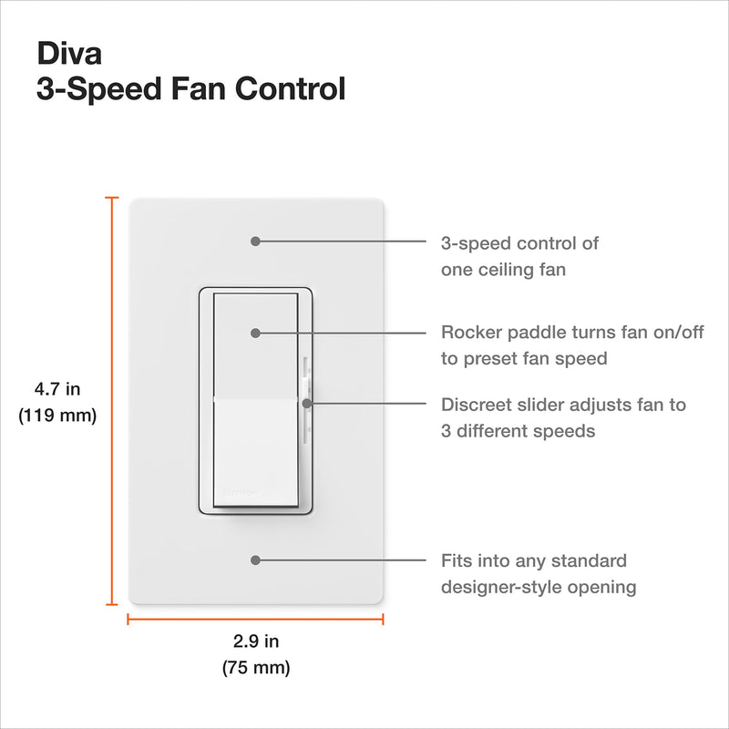 Lutron Diva 3-Speed Fan Control, Single-Pole/3-Way, DVFSQ-F-WH, White