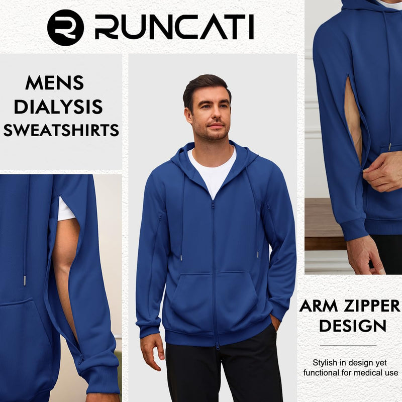 Runcati Mens Dialysis Sweatshirts Full Zip Lightweight Hemodialysis Jacket Warm Hoodie Sweatshirt with Arm Zipper Navy X-Large