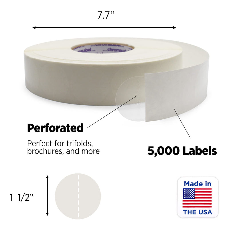ChromaLabel 1.50 Inch Round Clear Wafer Seals, 5000 Stickers per Roll, Perforated 1-1/2" Diameter 5000/Roll