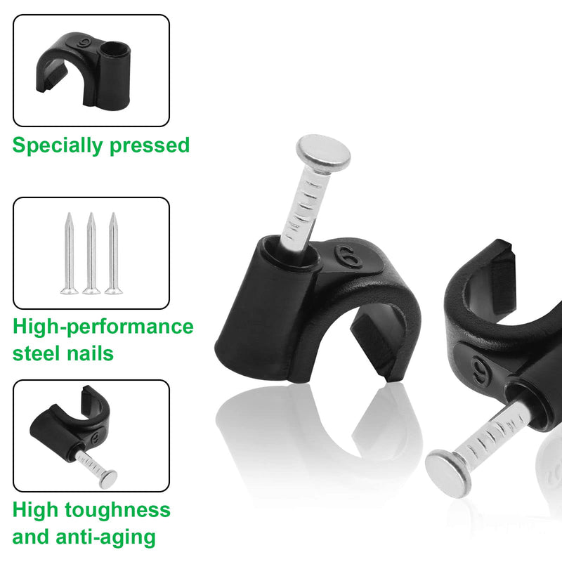 [Australia - AusPower] - 100pcs 1/4" / 6mm Half Clamp J-Hook with Nail, Nail in Cable Clips Ethernet Cable Nails Tacks Clips, Black 1/4" / 6mm, 100 PCS 