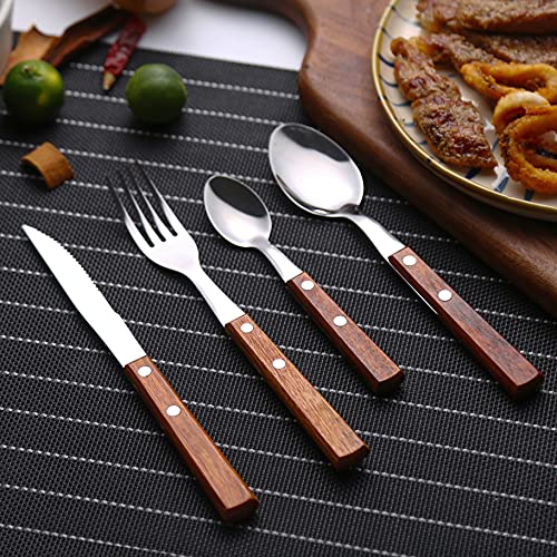 Set of 16 stainless steel dinner forks with wooden handles from HAPPY KIT in the flatware silverware set.