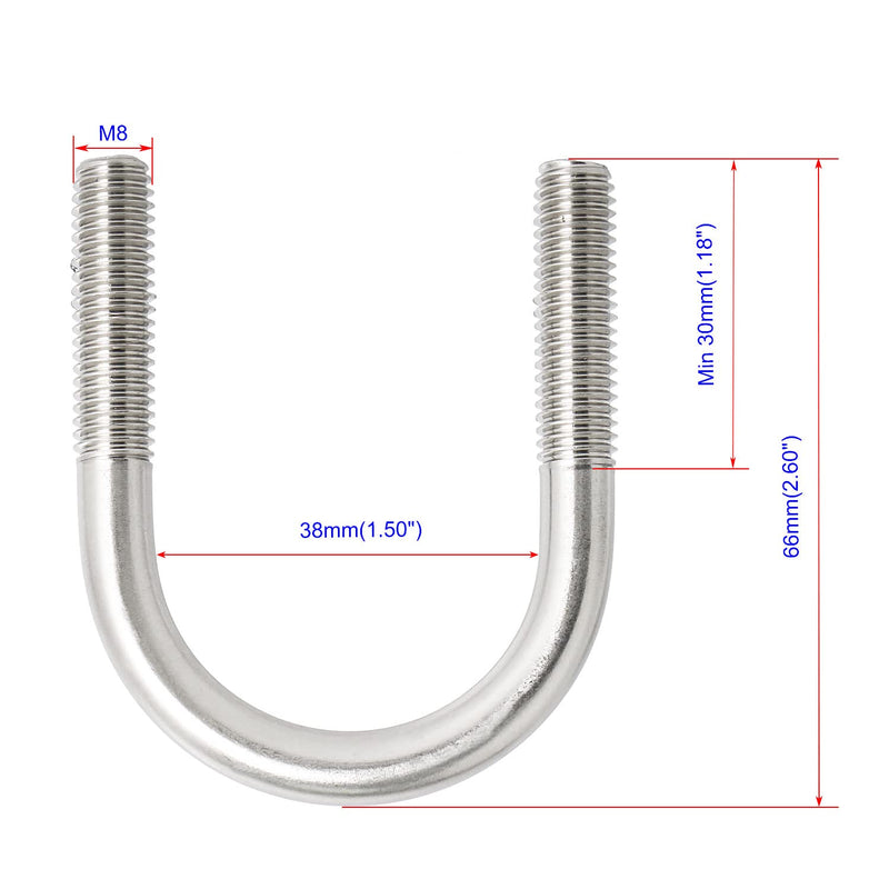 [Australia - AusPower] - Round U-Bolts 1.5inch(38mm) Inner Width M8 Thread 304 Stainless Steel Silver with Plates Nuts Flat Washers for CarRVTrailer Bumper, 4Pcs, M8x38mm 