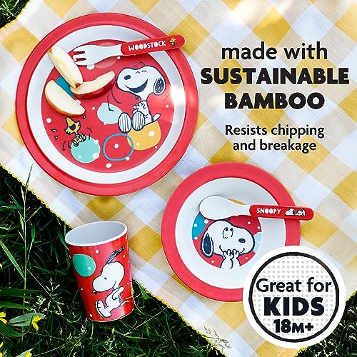 Peanuts Snoopy Fun Times 5-Piece Bamboo Melamine Dinnerware Set For Kids - Red 5-Piece Set