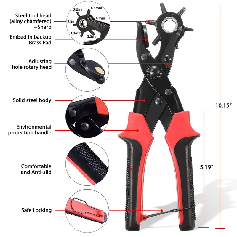 Leather Hole Punch Tool for Belt - Multi Hole Sizes Puncher for Belts, Watch Bands, Straps, Dog Collars, Saddles, Shoes, Fabric, DIY Home or Craft Projects - with 5/32" Grommet Eyelet Kit 100 Sets 02-Black/Red