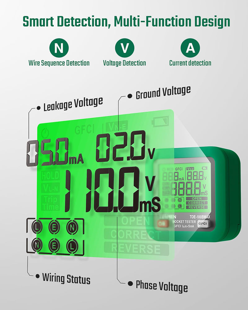 [Australia - AusPower] - TESMEN TOE-100BMAX GFCI Outlet Tester & TM-510 Smart Digital Multimeter Bundle, Essential Toolkit for Receptacle Test, GFCI Trip Time, Voltage Detection, NCV, Continuity and Resistance Measurement 