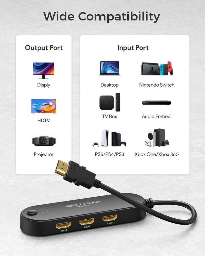 [Australia - AusPower] - HDMI Switch 4K@60Hz, Vilcome 4K HDMI Splitter 3 in 1 Out, 3 Port Hdmi Switcher Box Supports UHD 3D HDR, Multi Port HDMI Hub Selector for Xbox PS3 4 5 TV Gaming Roku HDTV Fire Stick 1.25FT Cable 