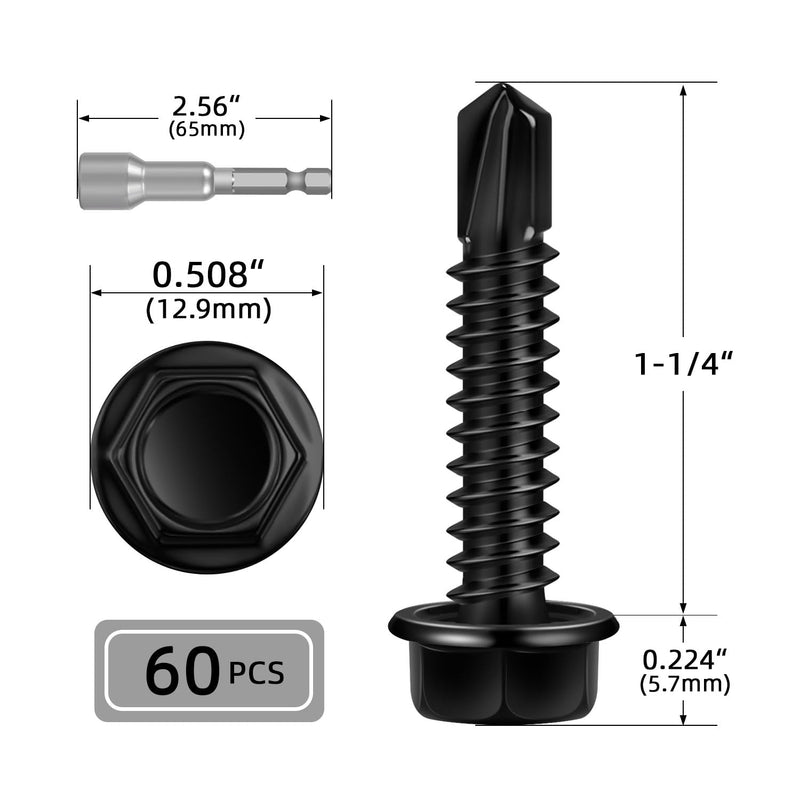 [Australia - AusPower] - #14 x 1-1/4" Black Hex Washer Head Self Drilling Screw, Flanged Hex Self Tapping Screws, Sheet Metal Screws, 410 Stainless Steel, 60 PCS #14 x 1-1/4" 