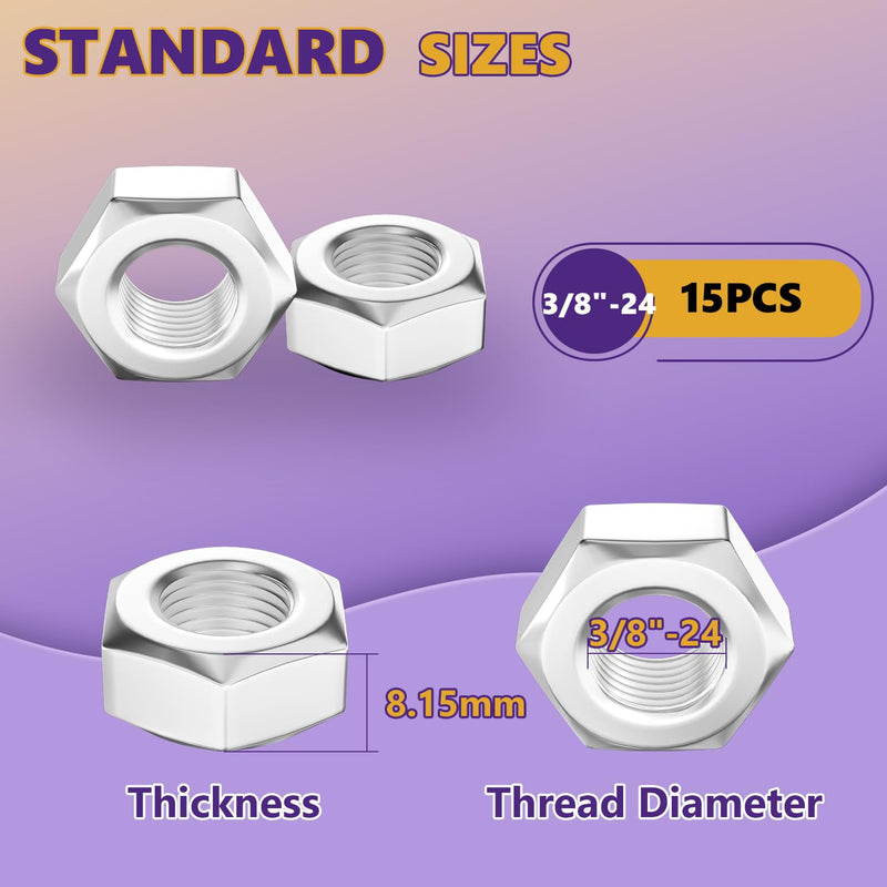 [Australia - AusPower] - 3/8"-24 Hex Nuts, 15Pcs 304 Stainless Steel Metal Standard Inch Hexagonal Nuts Hardware Set for Bolt for Furniture, Automotive, Industry and Construction, Full Thread 3/8"-24 15 