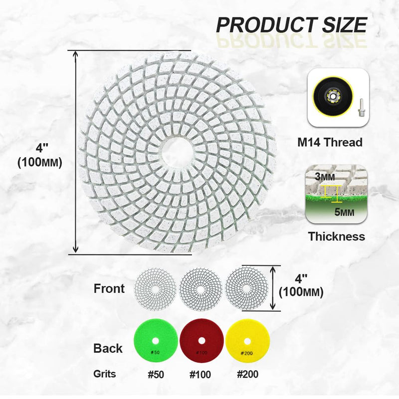 [Australia - AusPower] - SANLEETEK Wet Diamond Polishing Discs - Diamond Polishing Pad 6 Pieces 100 mm Grit 50 x 2/100 x 2/200 x 2 with M14 Support Plate + Adapter for Granite Marble Artificial Stone Quartz for Angle Grinder Set3 