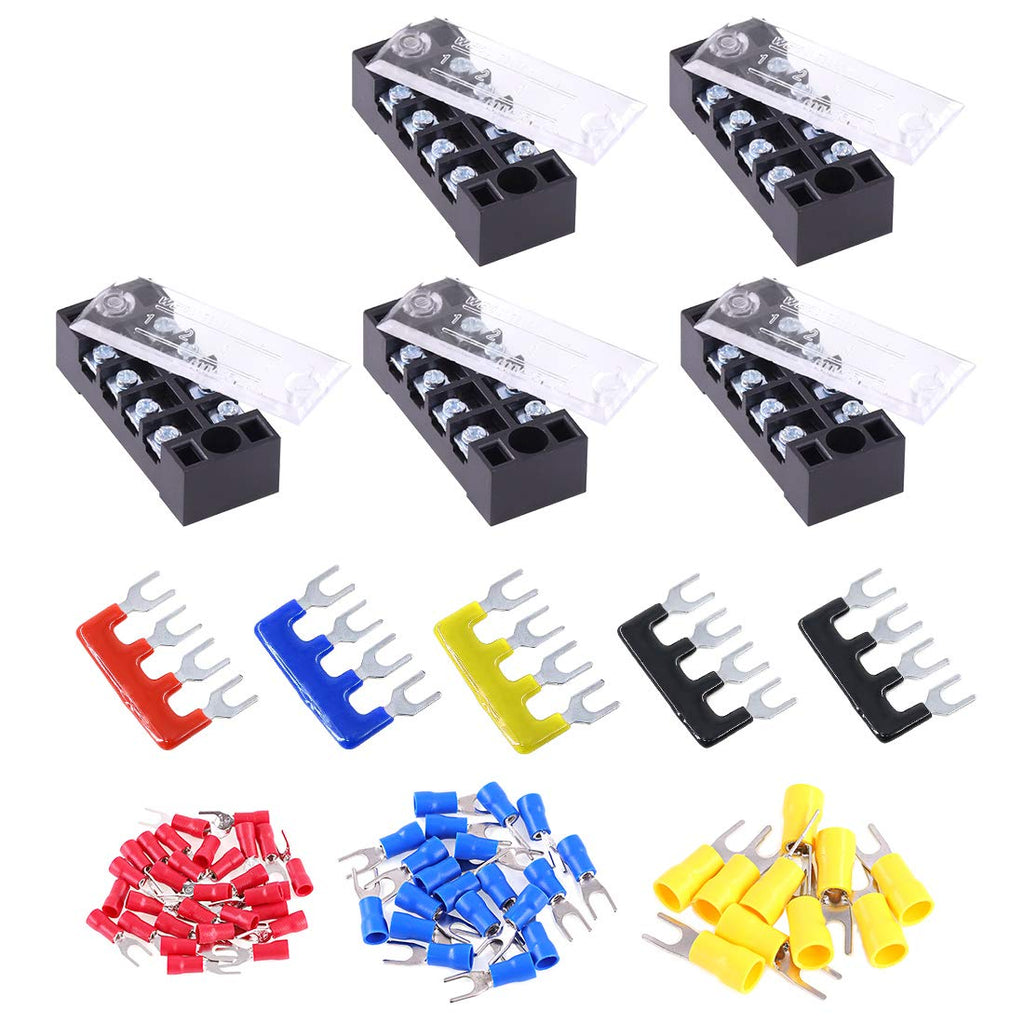 Glarks 70Pcs(5Sets) Terminal Block Set, 5Pcs 4 Positions 600V 15A Dual Row Screw Terminals Strip + 5Pcs Pre-Insulated Barrier Strips + 60Pcs Insulated Fork Wire Connector (4P+Fork Connector) 4P+Fork Connector