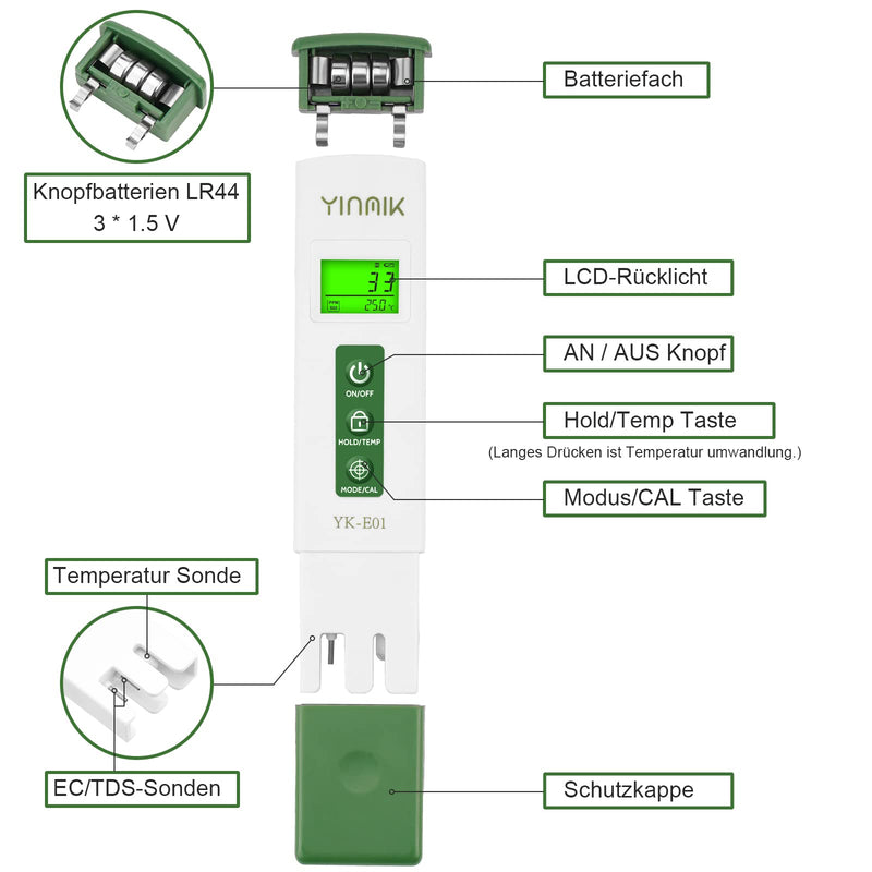 YINMIK Digital pH EC Meter 4 in 1 pH TDS Conductivity Meter | pH EC Meter Grow Conductivity pH Meter for Hydroponics Drinking Water Digital TDS pH Meter Water Green