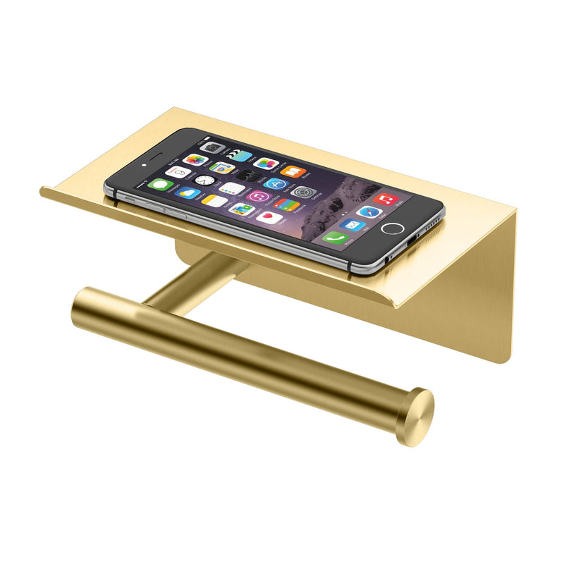 Gatco 1420B Latitude II Toilet Paper Holder with Phone Shelf, Brushed Brass, Wall-Mounted Bathroom Tissue Holder, Modern Functional Design