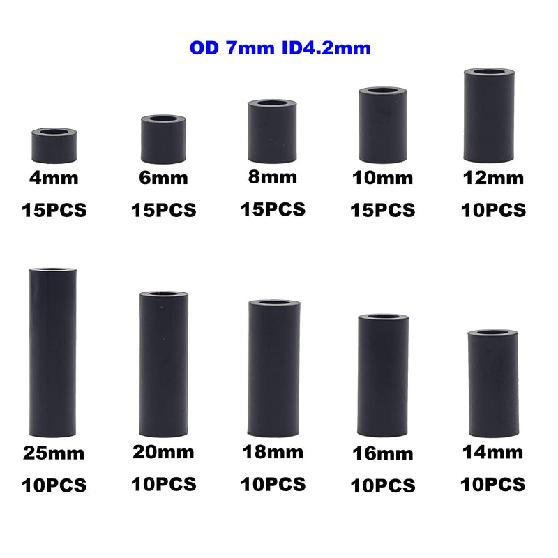 [Australia - AusPower] - Metric Black OD 7mm ID 4.2mm ABS Plastic Round Unthreaded Spacers Assortment Kit;for M4 Screws.4mm to 25mm Height,Round Straight Tube Standoffs 