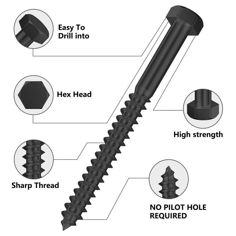 Wensilon Lag Screws Wood Screws (8PCS, 1/2"x6", Black) Hex Head Lag Bolts,(12x150) Heavy Duty Lag Screws,304 Stainless Steel Bolts 18-8 1/2"x6"