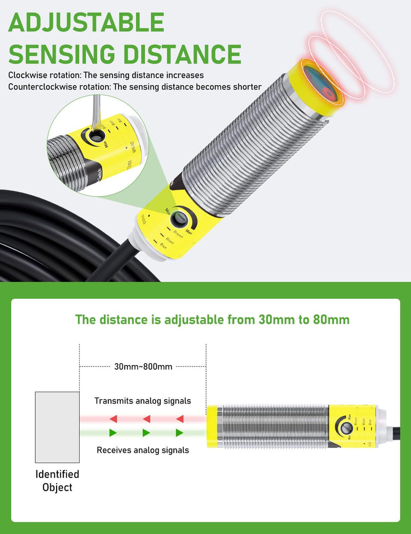 [Australia - AusPower] - DIHOOL Photoelectric Proximity Sensor, Laser Motion Switch,IP65 Waterproof, Normally Open NPN NO, M16, 3 Wires,12V/24V Input(10-30VDC), Detection Distance Adjustable from 3cm to 80cm 