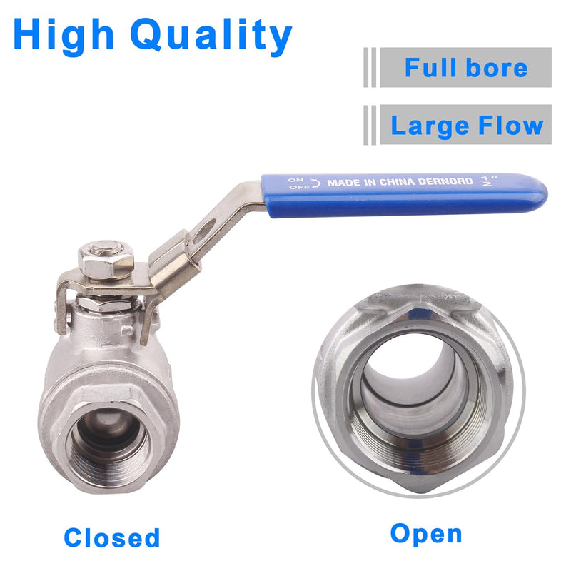 [Australia - AusPower] - DERNORD 2 Pack Stainless Steel 304 Ball Valve, 2-Piece Full Port Heavy Duty for WOG with Locking Device (1/2" NPT) 1/2" NPT Pack of 2 