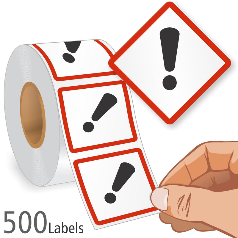 SmartSign (500/Roll) GHS Pictogram Exclamation Mark Labels for Irritants/Sensitizers/Other Hazard - 1" x 1" Square, 2.6 mil Thick Semi-Gloss Paper, Permanent Adhesive, Red/Black on White, Made in USA Exclamation Label 1" x 1"