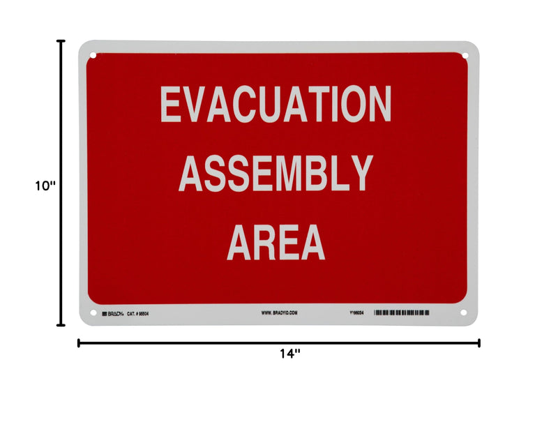 Brady 95504 14" Width x 10" Height B-555 Aluminum, White on Red Fire Sign, Legend "Evacuation Assembly Area" Aluminum (B-555) 10" H x 14" W