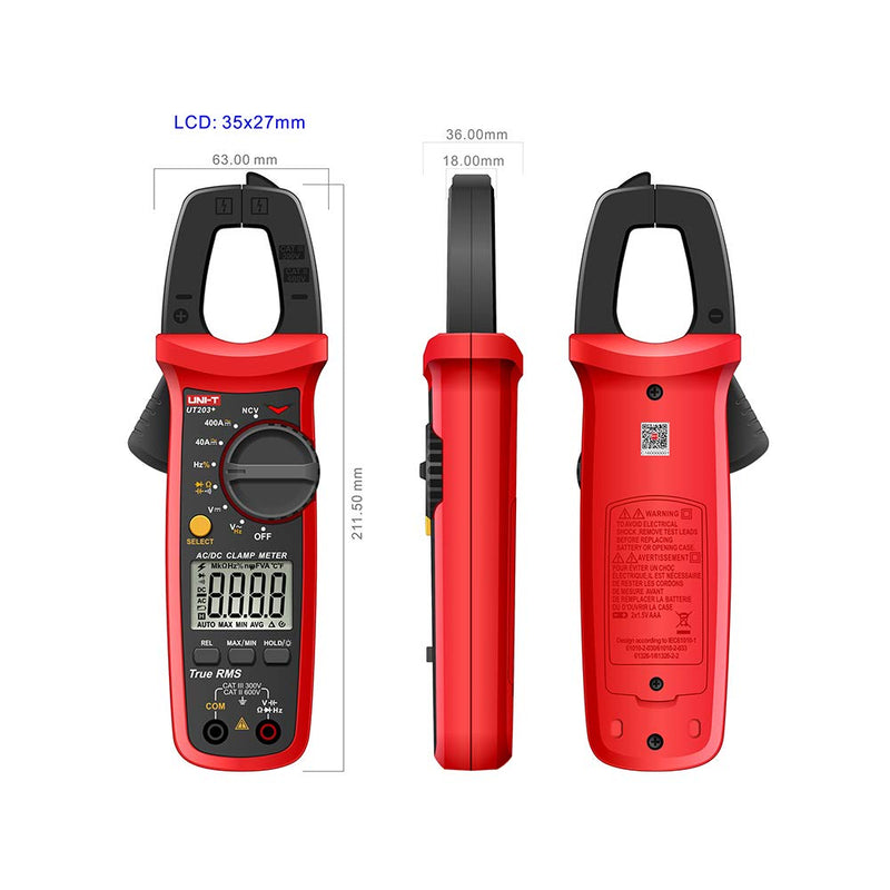 [Australia - AusPower] - UT203+ Digital Clamp Meter Multifunction Electrician Current Measurement with True RMS, NCV Intelligent (UT203+) UT203+ 