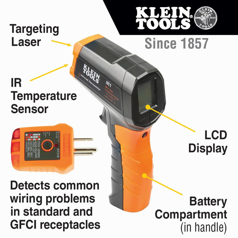 [Australia - AusPower] - Klein Tools IR1KIT Infrared Thermometer and GFCI Receptacle Tester Kit, Non-Contact Digital Temperature Measurement and Electrical Tester 