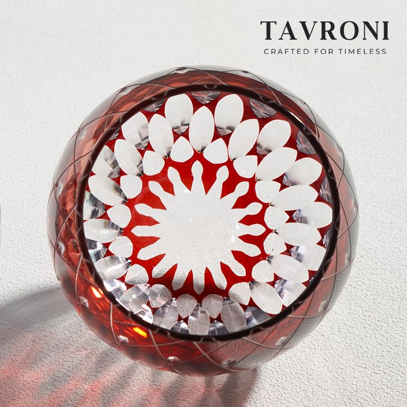 Hand-Cut Crystal Whiskey Glass, 10 Oz Red Lowball, Edo Style — An Old Fashioned Tumbler for Scotch Neat or Bourbon over Ice
