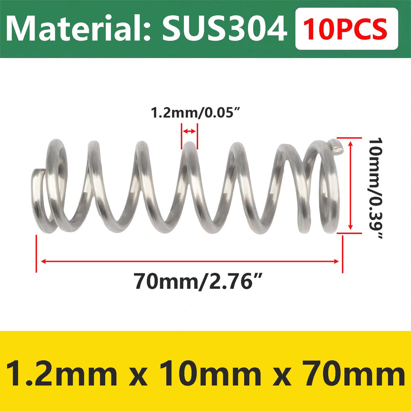 [Australia - AusPower] - 10Pcs Stainless Steel Springs, Compression Springs, Wire Diameter 1.2mm, 10mm OD, 70mm Free Length, Springs for Shop and Home Repair OD 10mm*70mm 