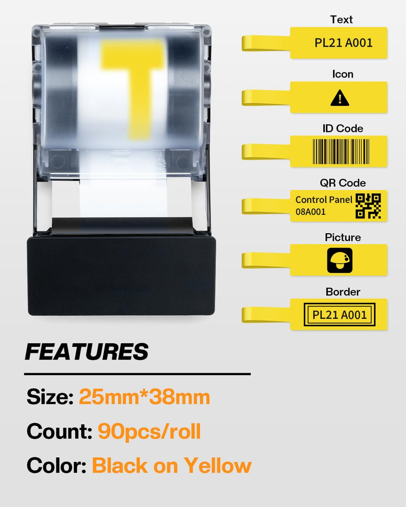 Phomemo PET Cable Label for E50RPO, All-Weather Indoor/Outdoor, Square Self-Adhesive 0.98"x1.49"(25x38mm), 90 Labels/Roll, Black on Yellow Tape 0.98"x1.49"