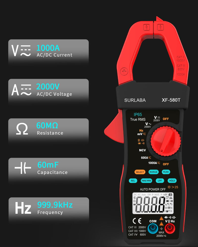 [Australia - AusPower] - SURLABA Digital Clamp Meter 1000A/2000V AC DC Current Voltage LPF Multimeter 6000 Counts TRMS NCV Amp Volt Resistance Capacity Frequency Continuity Tester for Photovoltaic Industry High Voltage Clamp Meter (XF-580T) 