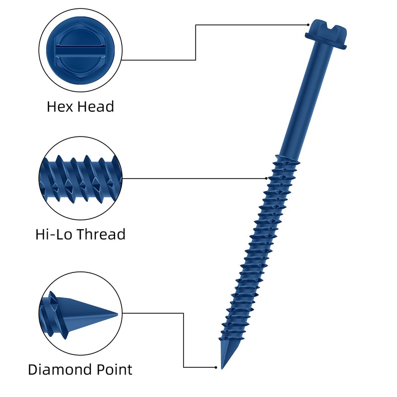 [Australia - AusPower] - 1/4" x 1-1/4" Blue Hex Head Concrete Screw Anchor Kit for Anchoring to Masonry, Block or Brick, 100 PCS 1/4" x 1-1/4" 