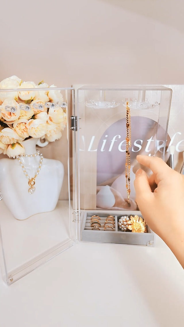 Lolalet Necklace Holder Organizer, Acrylic Jewelry Organizer with 24 Hooks, Rotating Clear Necklaces Display Box with Built-in Mirror, Dust-proof Jewelry Storage Case with Velvet Tray -Clearmirror 1 -Clearmirror