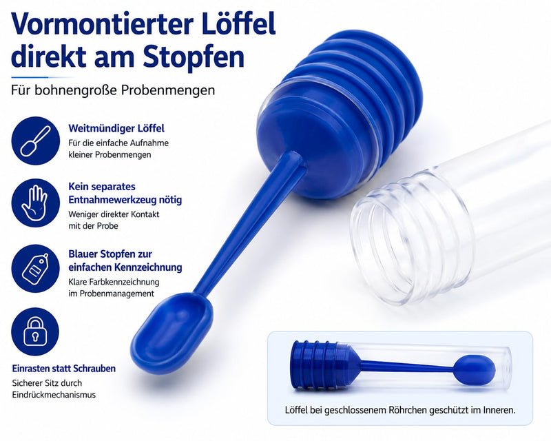 Stool sample tubes with spoon, 20 ml, for dogs, cats, and humans, non-sterile, crystal clear, Made in Germany (5 pieces) 5