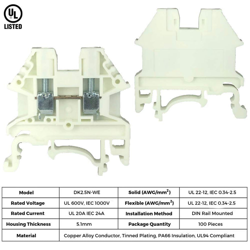 [Australia - AusPower] - Dinkle White DK2.5N-WE DIN Rail Terminal Block Screw Type UL 600V 20A 12-22AWG, Pack of 100 