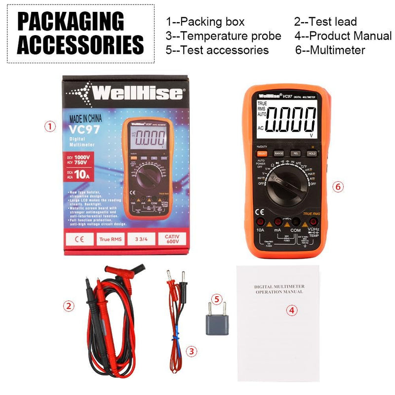 [Australia - AusPower] - VC97 Digital Multimeter, True RMS Auto-Ranging 6000 Counts, AC/DC Voltage Current Tester, Ohm Capacitance Frequency Diode Continuity, Large LCD Backlight Display 