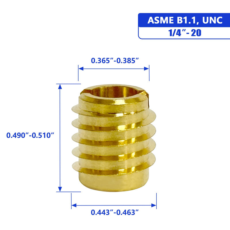[Australia - AusPower] - 1/4"-20 Threaded Insert for Hard-Wood, Brass Knife Thread Inserts, 1/4"-20 Internal Threads, 0.5" Length, Pack of 25 