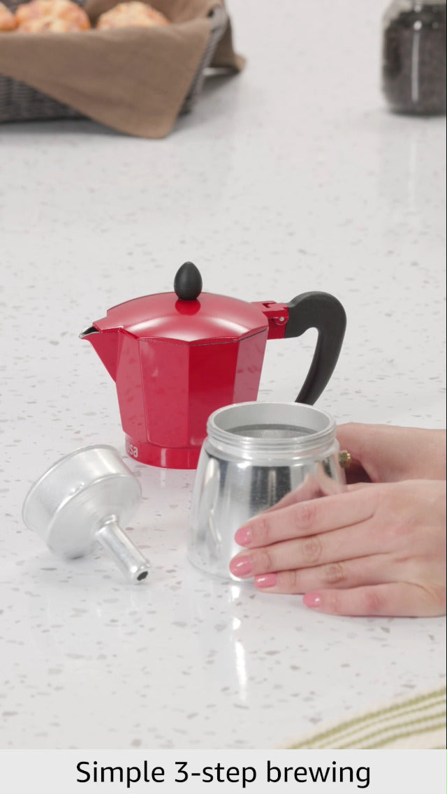 Imusa USA Red Aluminum Stovetop 6-cup Classic Italian and Cuban Espresso Maker (B120-43T), Silver/Red 6 Cup
