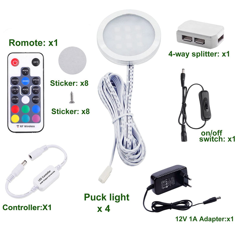 AIBOO RGB LED Cabinet Lighting Set of 4, 12 V LED Under-Unit Light, Colour Changing with Remote Control, Dimmable RGB Display Cabinet Lighting LED for Lighting Kitchen Cabinets 4 Stück (1er Pack)