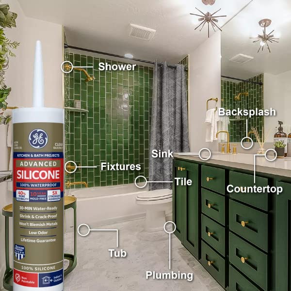 [Australia - AusPower] - GE Advanced Silicone Caulk for Kitchen & Bathroom - 100% Waterproof Silicone Sealant, 5X Stronger Adhesion, Shrink & Crack Proof - 10 oz Cartridge, Clear, Pack of 1 
