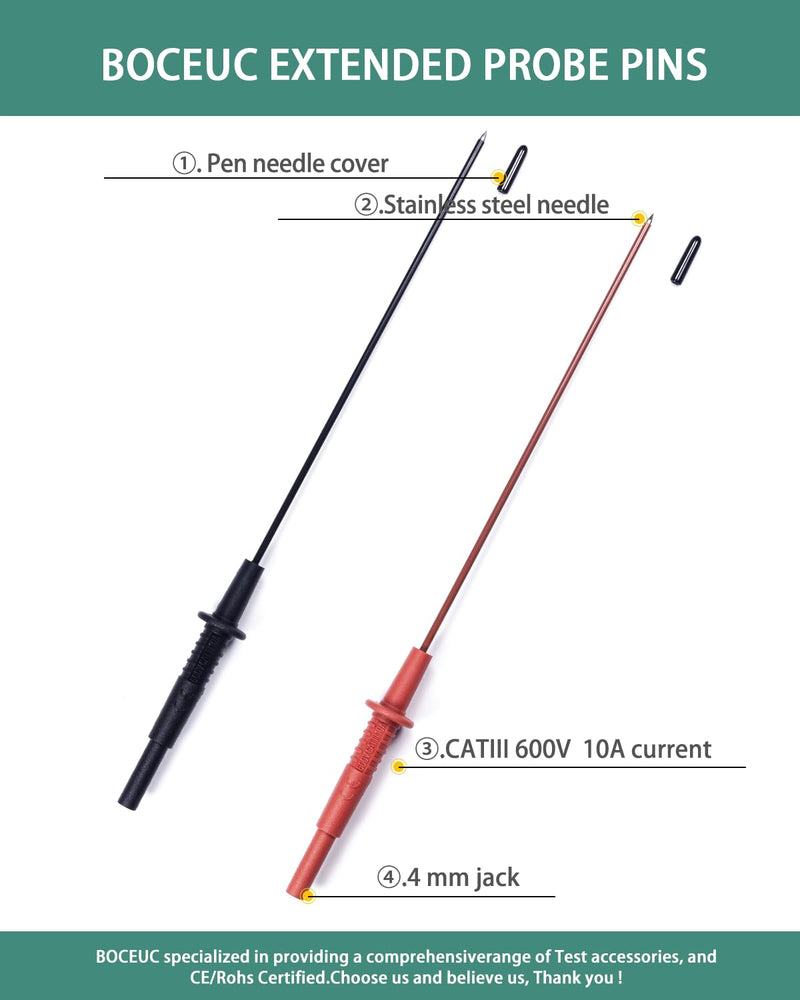 [Australia - AusPower] - Multimeter Leads, Insulated Test Probe Needle Point Wire Testing Probes, Automotive Extra Sharp Long Reach Prod for Standard 4 mm Test Leads Kit, 600V CAT III 