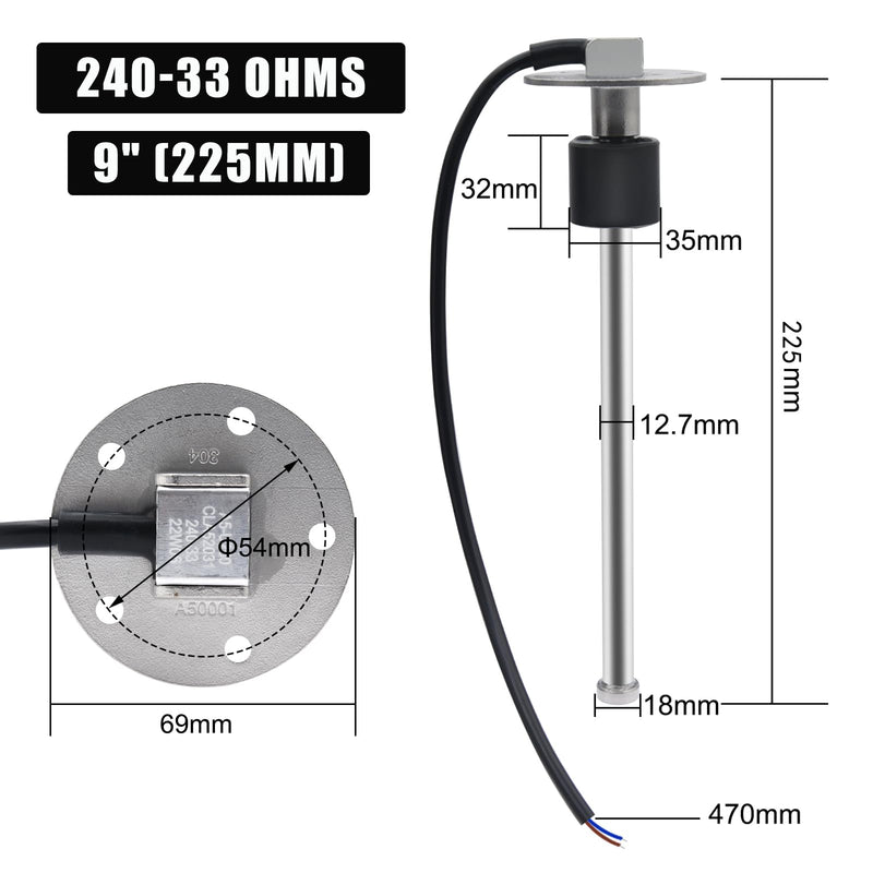 Geloo 240-33 Ohms Marine Fuel Sending Unit - Stainless Steel Gas Sender Level Gauge Sensor for Boats - 5 Hole Lever Unit for Fuel & Water Gauges - 9"(225mm) 240-33ohm 225MM-9inch